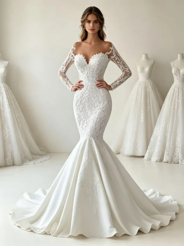 Ivory Long Sleeve Lace Mermaid Wedding Dress