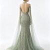 Sage Green High Neck Beaded Mermaid Gown With Tulle Cape Sleeve