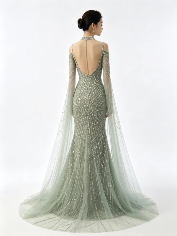 Sage Green High Neck Beaded Mermaid Gown With Tulle Cape Sleeve