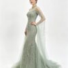 Sage Green High Neck Beaded Mermaid Gown With Tulle Cape Sleeve