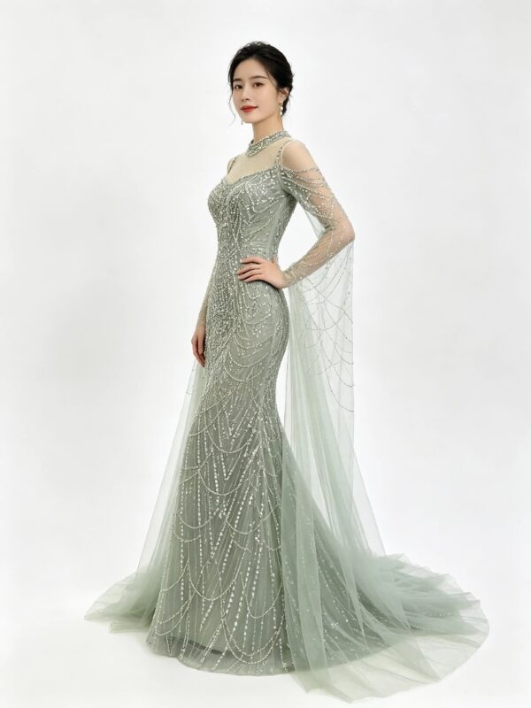 Sage Green High Neck Beaded Mermaid Gown With Tulle Cape Sleeve