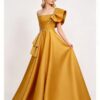 Gold Satin Bow Beaded Formal Long Prom Dress