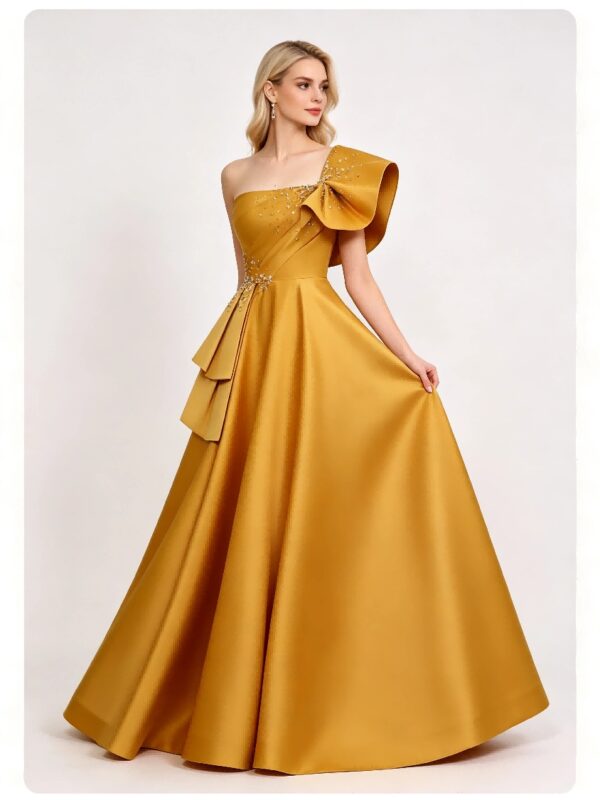 Gold Satin Bow Beaded Formal Long Prom Dress