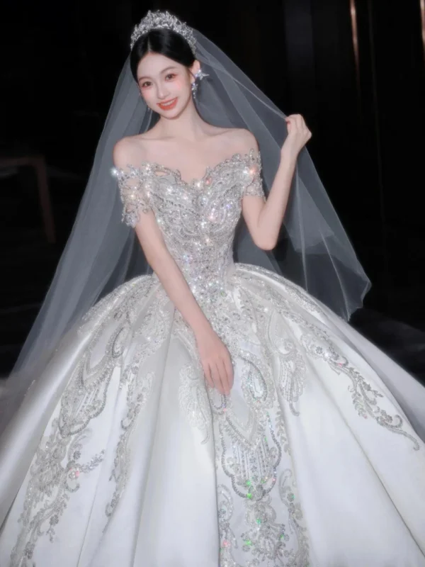 Ivory Off-Shoulder Beaded Satin Ball Gown