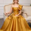 Gold Satin Bow Beaded Formal Long Prom Dress
