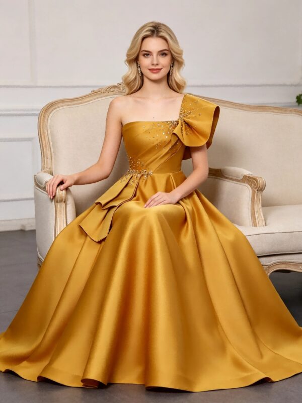 Gold Satin Bow Beaded Formal Long Prom Dress