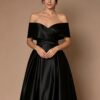 Black Satin Off The Shoulder A-Line Evening Gown