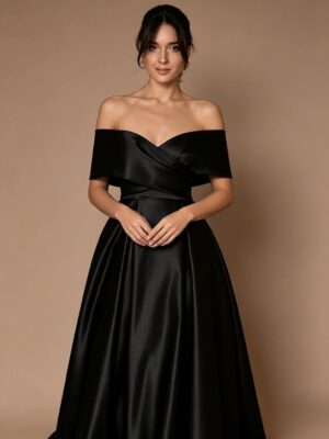 Black Satin Off The Shoulder A-Line Evening Gown