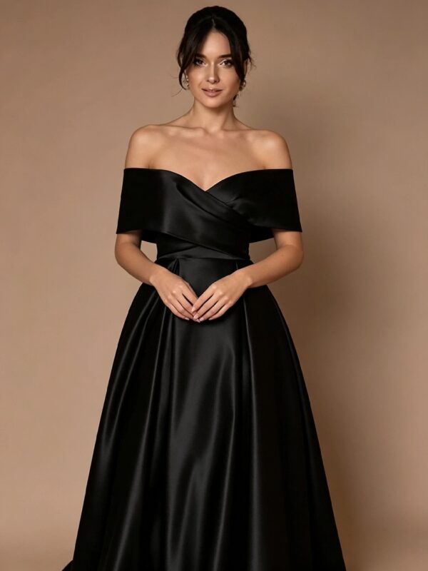 Black Satin Off The Shoulder A-Line Evening Gown