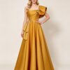 Gold Satin Bow Beaded Formal Long Prom Dress