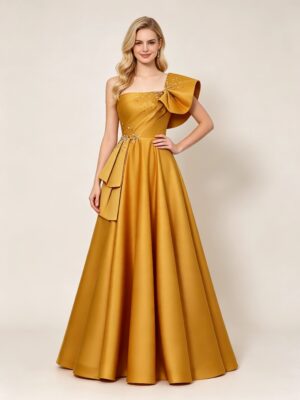 Gold Satin Bow Beaded Formal Long Prom Dress