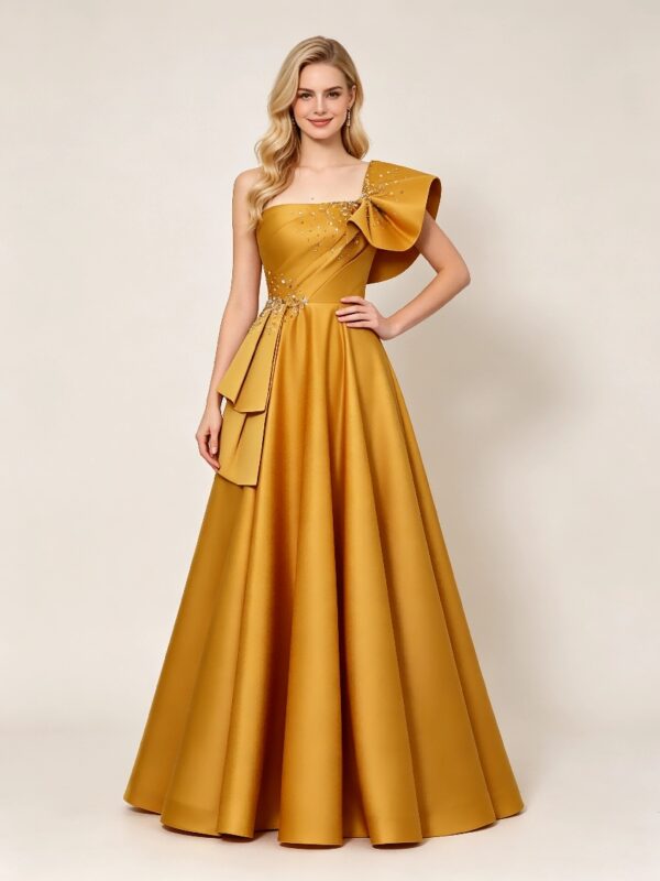 Gold Satin Bow Beaded Formal Long Prom Dress