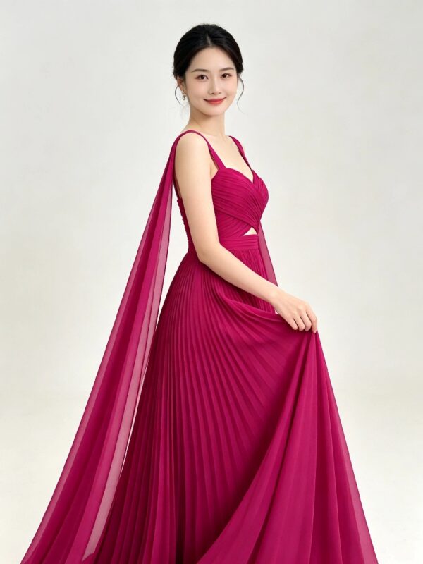 Magenta Cutout Flowy Cape Sleeve Formal Prom Dress