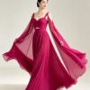 Magenta Cutout Flowy Cape Sleeve Formal Prom Dress