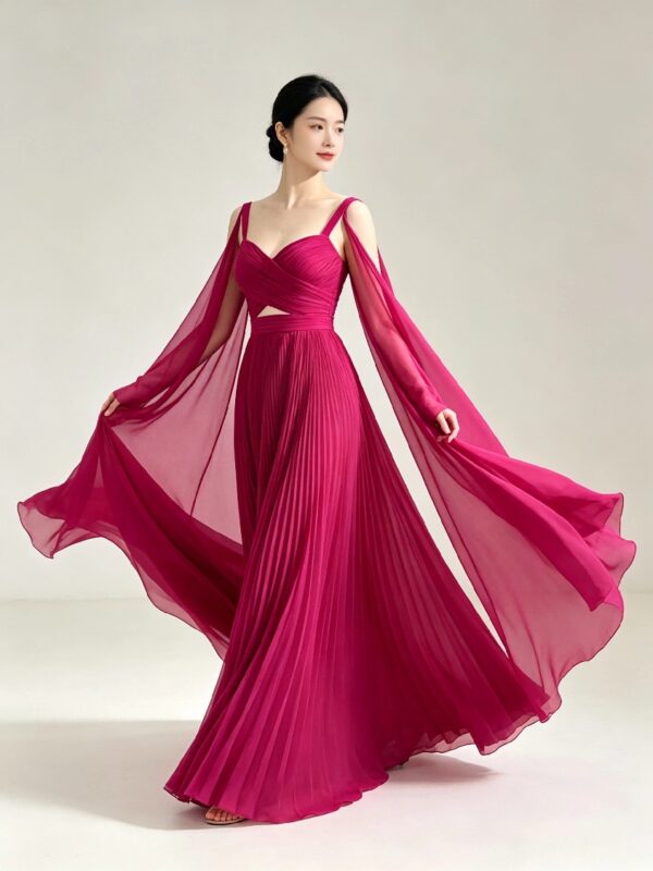 Magenta Cutout Flowy Cape Sleeve Formal Prom Dress
