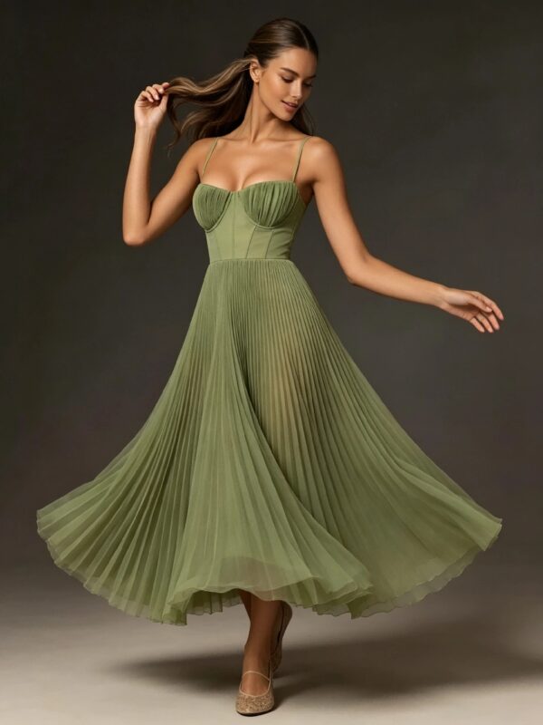Slim Fit Sage Corset Bustier Mid Length Evening Party Dress