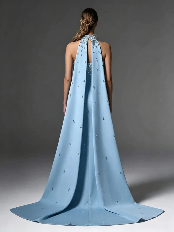 Light Blue Rhinestone Strapless Mermaid Evening Gown With Cape