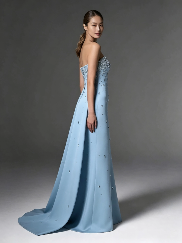 Light Blue Rhinestone Strapless Mermaid Evening Gown With Cape
