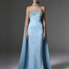 Light Blue Rhinestone Strapless Mermaid Evening Gown With Cape