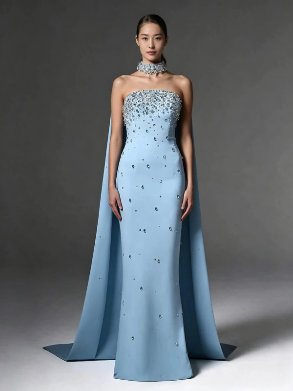 Light Blue Rhinestone Strapless Mermaid Evening Gown With Cape