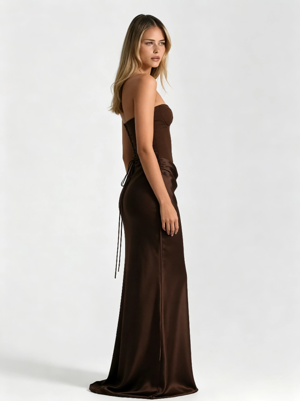 Dark Brown Sweetheart Cowl Waist Drawstring Formal Gown