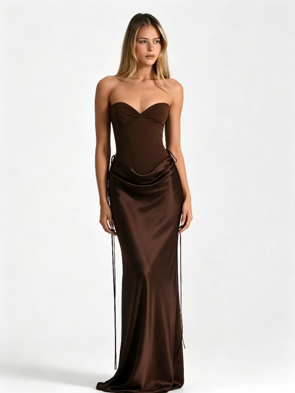 Dark Brown Sweetheart Cowl Waist Drawstring Formal Gown
