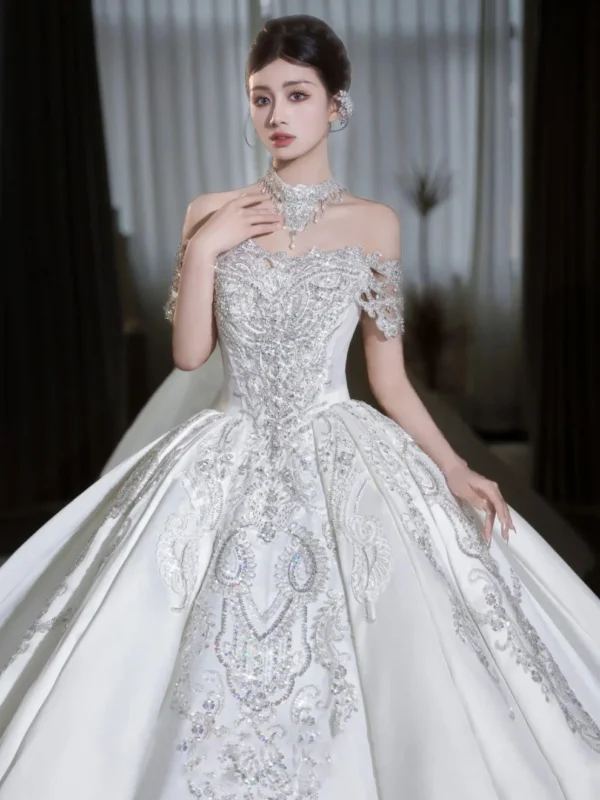 Ivory Off-Shoulder Beaded Satin Ball Gown
