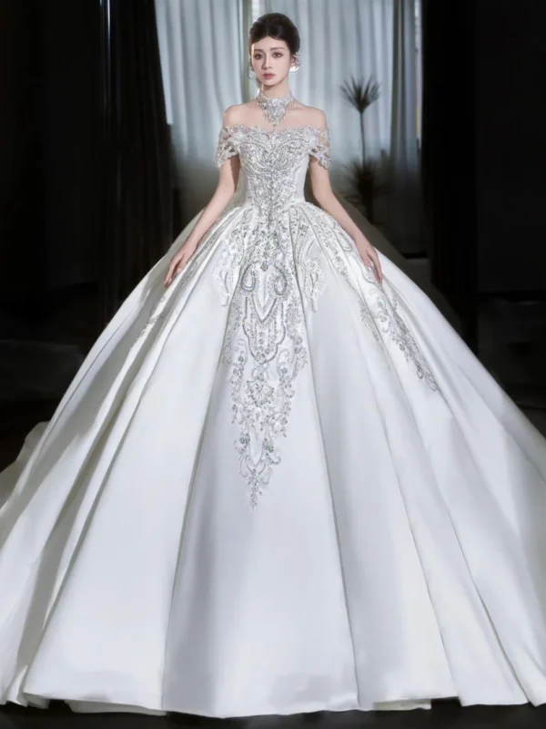 Ivory Off-Shoulder Beaded Satin Ball Gown