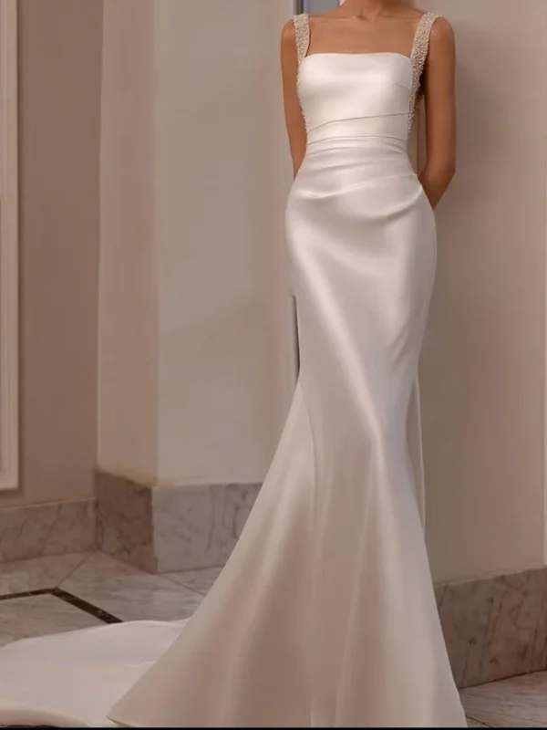 Satin Square Neck Wedding Dress with Side Train