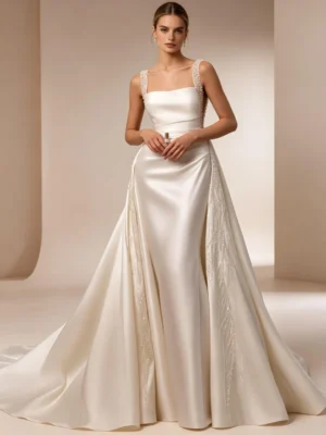 Satin Square Neck Wedding Dress with Side Train