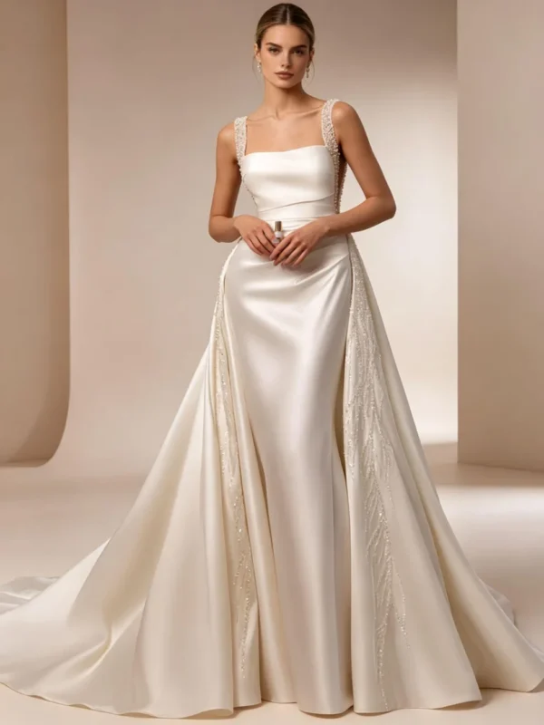Satin Square Neck Wedding Dress with Side Train