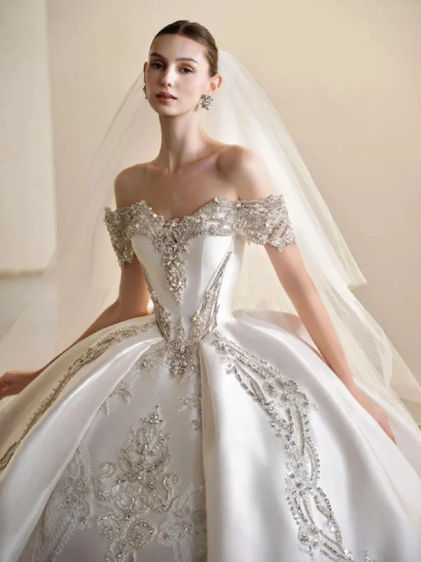 Ivory Off-Shoulder Beaded Satin Ball Gown
