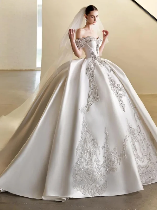 Ivory Off-Shoulder Beaded Satin Ball Gown