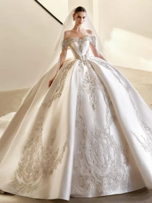 Ivory Off-Shoulder Beaded Satin Ball Gown