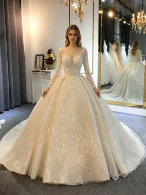 Long Sleeve Glitter Wedding Dress