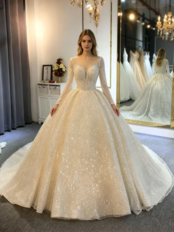 Long Sleeve Glitter Wedding Dress