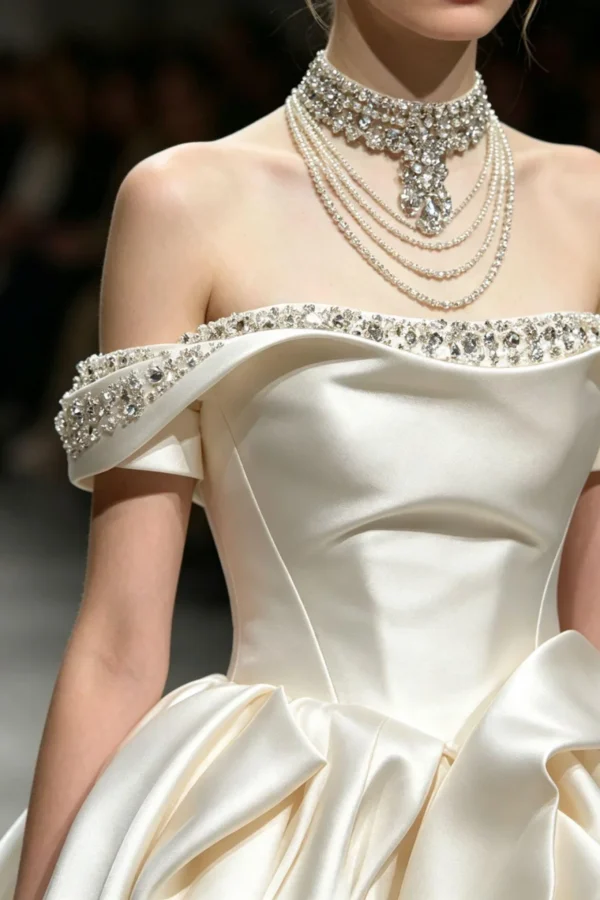 Beaded Off-the-Shoulder Satin Wedding Dress