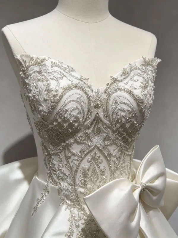Strapless Embroidered Satin Bow Wedding Dress