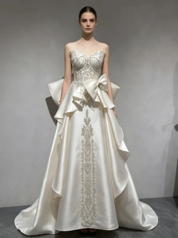 Strapless Embroidered Satin Bow Wedding Dress