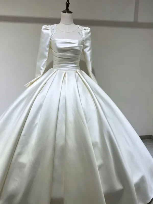 Ivory Long Sleeve Satin Square Neck Wedding Dress