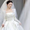 Ivory Long Sleeve Satin Square Neck Wedding Dress