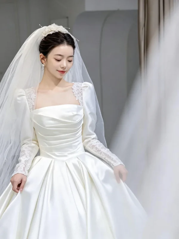 Ivory Long Sleeve Satin Square Neck Wedding Dress