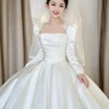 Ivory Long Sleeve Satin Square Neck Wedding Dress