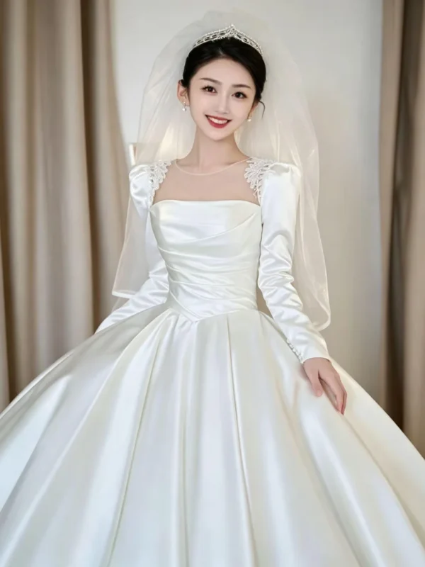 Ivory Long Sleeve Satin Square Neck Wedding Dress