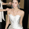 Ivory Satin Corset Lace Slit Wedding Dress