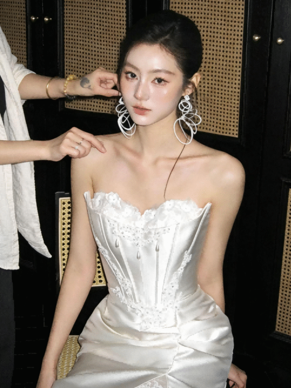 Ivory Satin Corset Lace Slit Wedding Dress