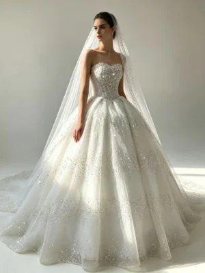 Strapless Sparkly Glitter Tulle Ball Gown