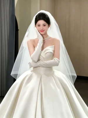 Ivory Strapless Draped Satin Ball Gown