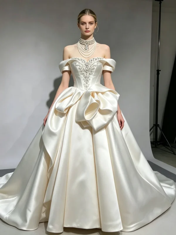 Beaded Off-the-Shoulder Satin Wedding Dress