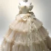 Sweet 16 Dress Cream Off Shoulder Big Bow Floral Beaded Ruffled Tiered Tulle Ball Gown